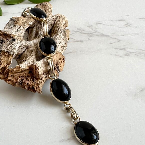 Gold Plated Sterling Silver Bracelet with Black Onyx Cabochons – Link Bracelet - Picture 1 of 5